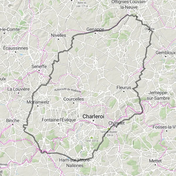 Miniatuurkaart van de fietsinspiratie "Uitdagende weg route door Hainaut" in Prov. Hainaut, Belgium. Gemaakt door de Tarmacs.app fietsrouteplanner