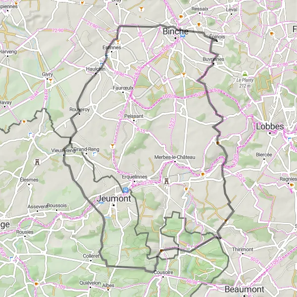 Map miniature of "Countryside Charm near Épinois" cycling inspiration in Prov. Hainaut, Belgium. Generated by Tarmacs.app cycling route planner