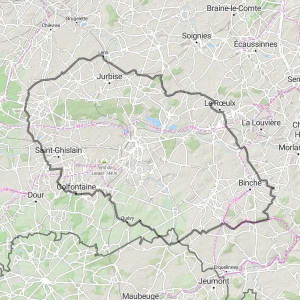 Map miniature of "Épinois to Les Trieux" cycling inspiration in Prov. Hainaut, Belgium. Generated by Tarmacs.app cycling route planner