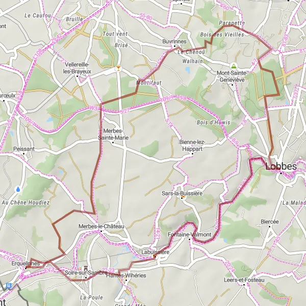 Miniature de la carte de l'inspiration cycliste "Excursion pittoresque à Labuissière" dans la Prov. Hainaut, Belgium. Générée par le planificateur d'itinéraire cycliste Tarmacs.app