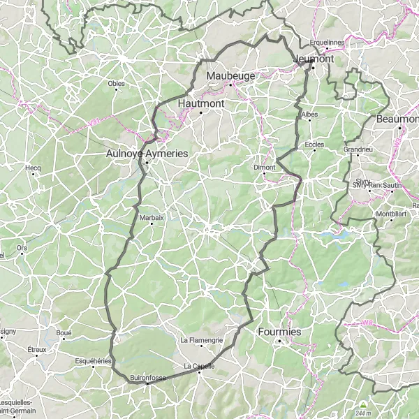 Map miniature of "The Extreme Challenge: From Colleret to Jeumont" cycling inspiration in Prov. Hainaut, Belgium. Generated by Tarmacs.app cycling route planner