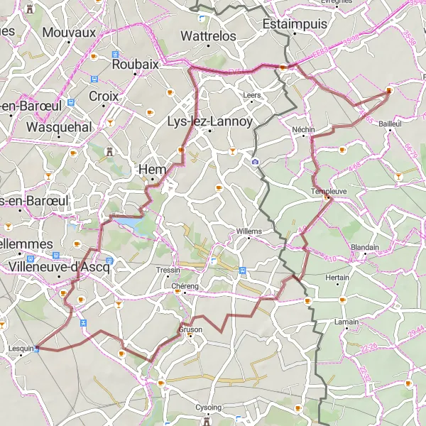 Map miniature of "Estaimbourg to Néchin and back" cycling inspiration in Prov. Hainaut, Belgium. Generated by Tarmacs.app cycling route planner