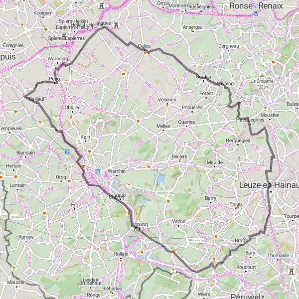 Map miniature of "Estaimbourg - Bailleul Loop" cycling inspiration in Prov. Hainaut, Belgium. Generated by Tarmacs.app cycling route planner