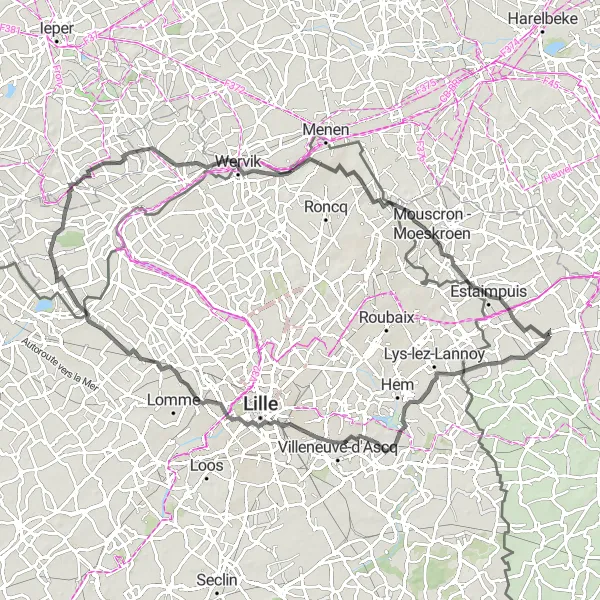 Miniatuurkaart van de fietsinspiratie "Wegroute van Estaimbourg naar Mont Halluin" in Prov. Hainaut, Belgium. Gemaakt door de Tarmacs.app fietsrouteplanner