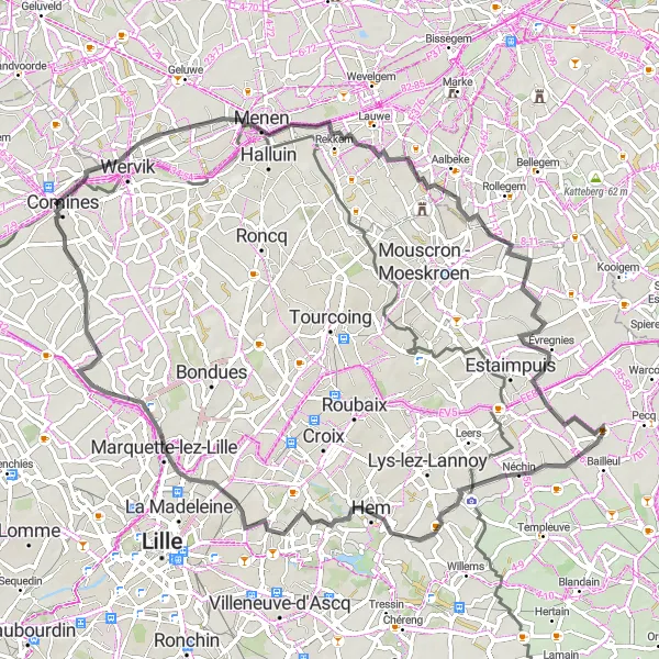 Miniatuurkaart van de fietsinspiratie "Rondje Sailly-lez-Lannoy - Menen" in Prov. Hainaut, Belgium. Gemaakt door de Tarmacs.app fietsrouteplanner