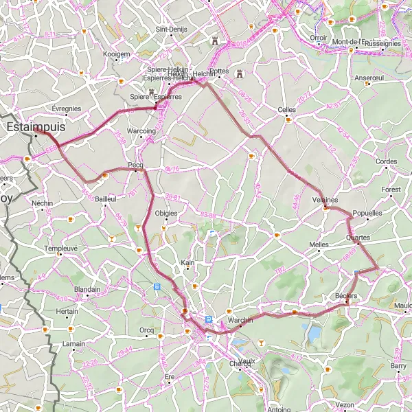 Miniature de la carte de l'inspiration cycliste "Aventure gravel au départ d'Estaimpuis" dans la Prov. Hainaut, Belgium. Générée par le planificateur d'itinéraire cycliste Tarmacs.app