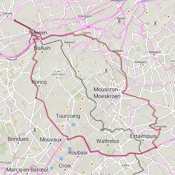 Miniatuurkaart van de fietsinspiratie "Gravelroute van Estaimpuis naar Luingne-Lowingen" in Prov. Hainaut, Belgium. Gemaakt door de Tarmacs.app fietsrouteplanner