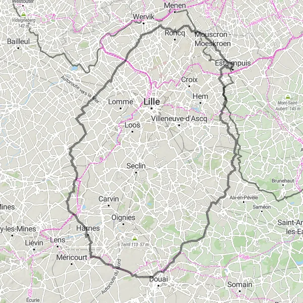 Map miniature of "Challenging Loop from Estaimpuis" cycling inspiration in Prov. Hainaut, Belgium. Generated by Tarmacs.app cycling route planner