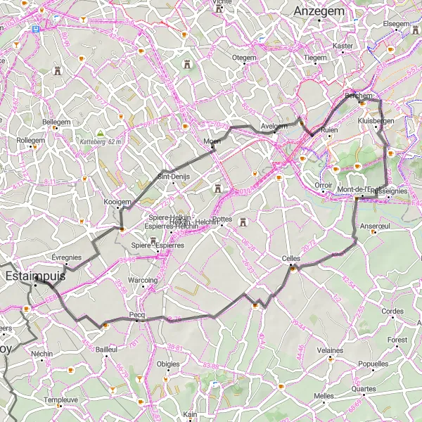 Karten-Miniaturansicht der Radinspiration "Rundfahrt ab Estaimpuis - Moen - Knokteberg - Amougies - Molenbaix - Estaimpuis" in Prov. Hainaut, Belgium. Erstellt vom Tarmacs.app-Routenplaner für Radtouren