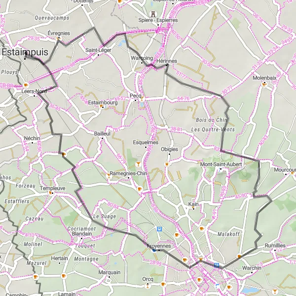 Miniatuurkaart van de fietsinspiratie "Rondrit van Estaimpuis naar Hérinnes en Mont-Saint-Aubert" in Prov. Hainaut, Belgium. Gemaakt door de Tarmacs.app fietsrouteplanner