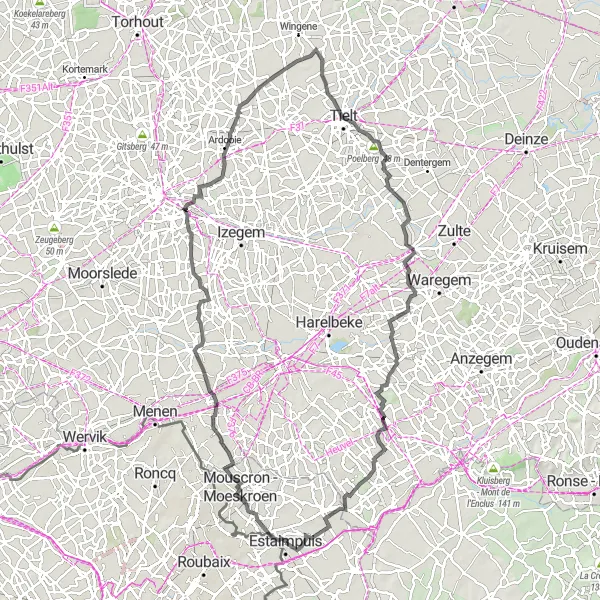 Karten-Miniaturansicht der Radinspiration "Rundfahrt ab Estaimpuis - Lauwe - Sint-Eloois-Winkel - Rumbeke - Tielt - Wakken - Knokke - Keiberg - Évregnies - Estaimpuis" in Prov. Hainaut, Belgium. Erstellt vom Tarmacs.app-Routenplaner für Radtouren