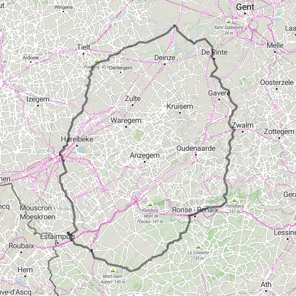 Karten-Miniaturansicht der Radinspiration "Rundfahrt ab Estaimpuis - Hoog Kortrijk - Oostrozebeke - Poelberg - Sint-Martens-Leerne - Eke - Sint-Maria-Horebeke - Berg ten Stene - Kanarieberg - Mont-Saint-Aubert - Estaimpuis" in Prov. Hainaut, Belgium. Erstellt vom Tarmacs.app-Routenplaner für Radtouren