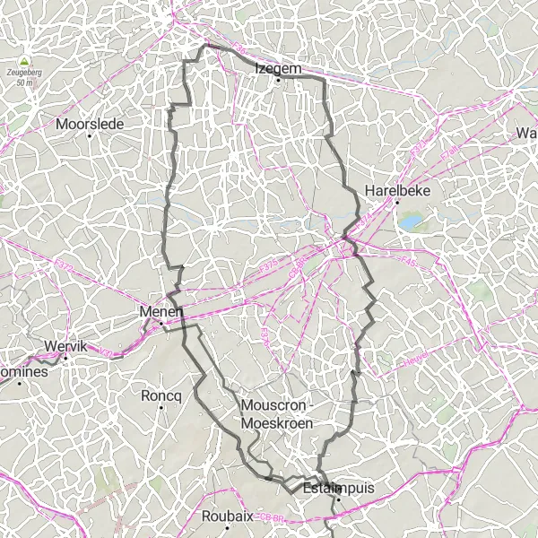 Map miniature of "Countryside Loop from Estaimpuis" cycling inspiration in Prov. Hainaut, Belgium. Generated by Tarmacs.app cycling route planner