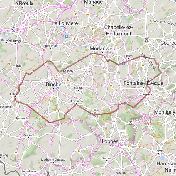 Map miniature of "Estinnes-au-Mont to Vellereille-les-Brayeux Gravel Cycling Route" cycling inspiration in Prov. Hainaut, Belgium. Generated by Tarmacs.app cycling route planner