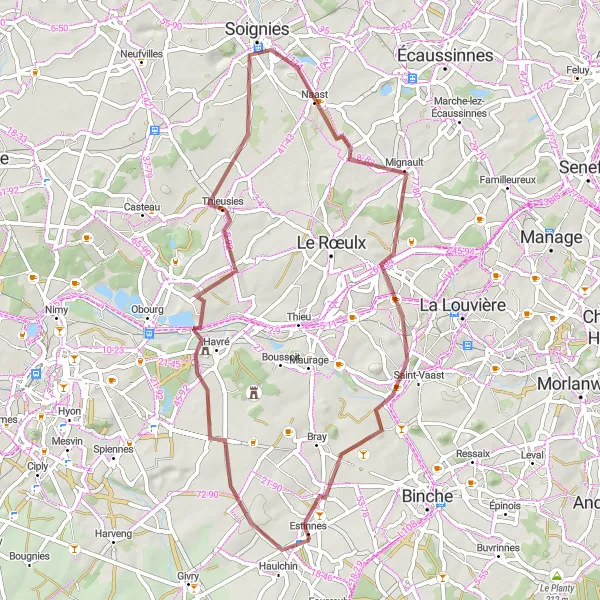 Map miniature of "Estinnes-au-Mont to Estinnes Gravel Cycling Route" cycling inspiration in Prov. Hainaut, Belgium. Generated by Tarmacs.app cycling route planner