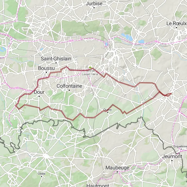 Map miniature of "Estinnes-au-Mont Gravel Adventure" cycling inspiration in Prov. Hainaut, Belgium. Generated by Tarmacs.app cycling route planner