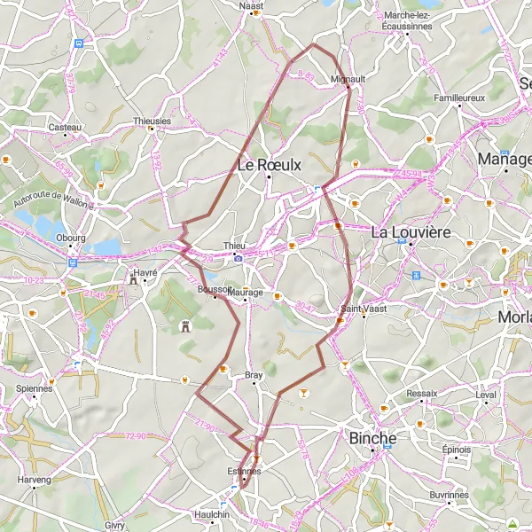 Miniature de la carte de l'inspiration cycliste "Boucle de l'Estinnes-au-Mont" dans la Prov. Hainaut, Belgium. Générée par le planificateur d'itinéraire cycliste Tarmacs.app