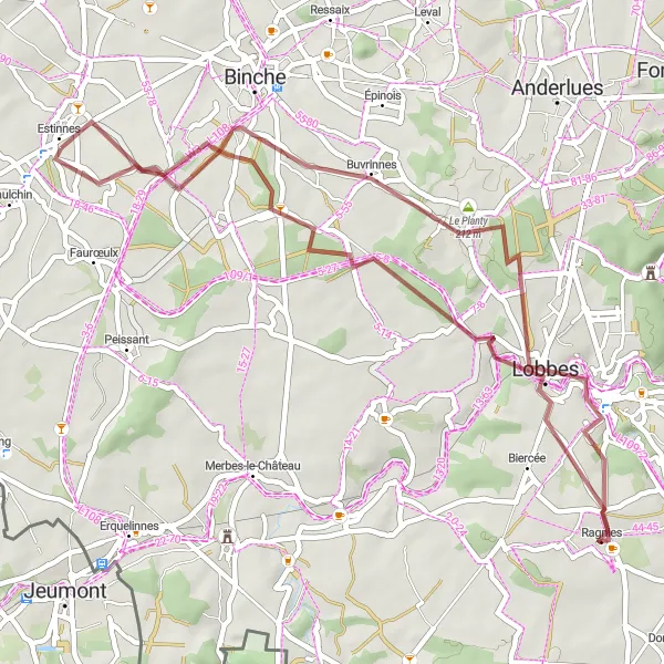 Karten-Miniaturansicht der Radinspiration "Abenteuerliche Gravelroute um Estinnes-au-Mont" in Prov. Hainaut, Belgium. Erstellt vom Tarmacs.app-Routenplaner für Radtouren