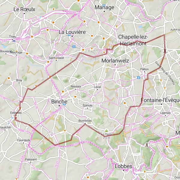 Map miniature of "Gravel Adventure in Estinnes-au-Mont and Surroundings" cycling inspiration in Prov. Hainaut, Belgium. Generated by Tarmacs.app cycling route planner
