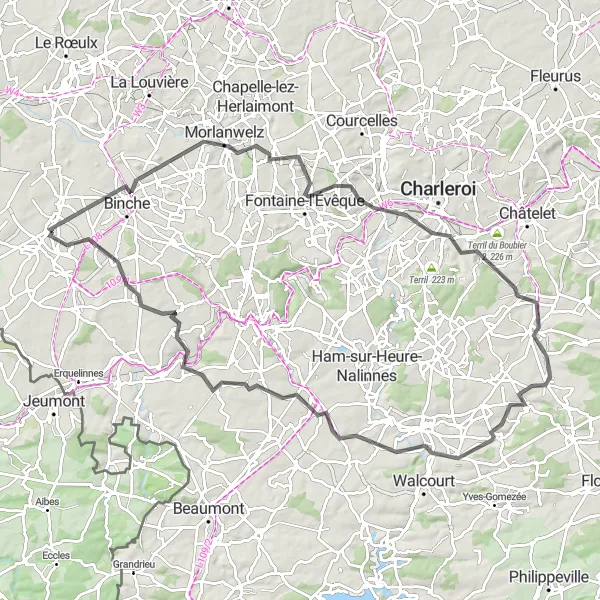 Map miniature of "Estinnes-au-Mont to Vellereille-les-Brayeux Road Cycling Route" cycling inspiration in Prov. Hainaut, Belgium. Generated by Tarmacs.app cycling route planner