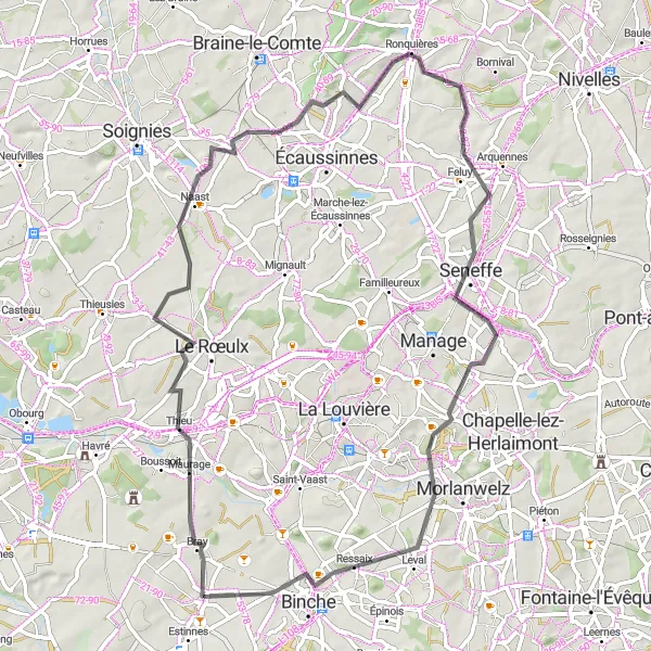 Map miniature of "Estinnes-au-Mont to Mont de la Justice Road Cycling Route" cycling inspiration in Prov. Hainaut, Belgium. Generated by Tarmacs.app cycling route planner
