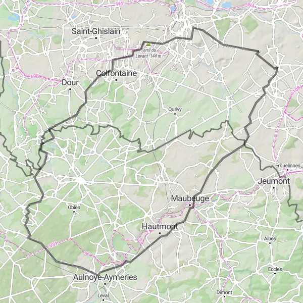 Map miniature of "Estinnes-au-Mont to Mont Panisel Road Cycling Route" cycling inspiration in Prov. Hainaut, Belgium. Generated by Tarmacs.app cycling route planner