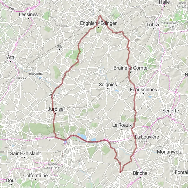 Miniature de la carte de l'inspiration cycliste "Les Sentiers Secrets de Nimy" dans la Prov. Hainaut, Belgium. Générée par le planificateur d'itinéraire cycliste Tarmacs.app