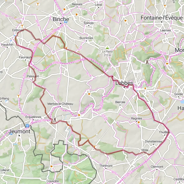 Miniatuurkaart van de fietsinspiratie "Rondje Thuillies en Solre-sur-Sambre" in Prov. Hainaut, Belgium. Gemaakt door de Tarmacs.app fietsrouteplanner