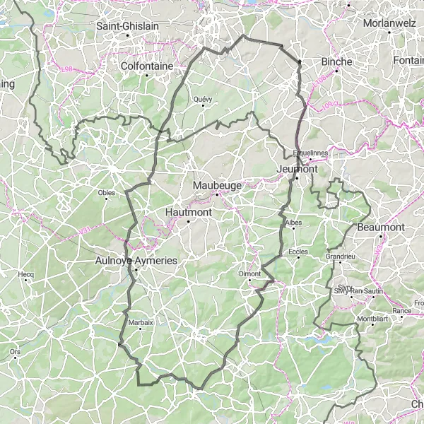 Map miniature of "Journey through Historic Villages" cycling inspiration in Prov. Hainaut, Belgium. Generated by Tarmacs.app cycling route planner