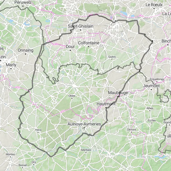 Map miniature of "Challenging Loop through the Heart of Hainaut" cycling inspiration in Prov. Hainaut, Belgium. Generated by Tarmacs.app cycling route planner