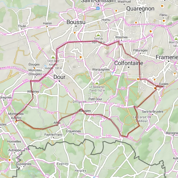 Map miniature of "Eugies Gravel Loop" cycling inspiration in Prov. Hainaut, Belgium. Generated by Tarmacs.app cycling route planner