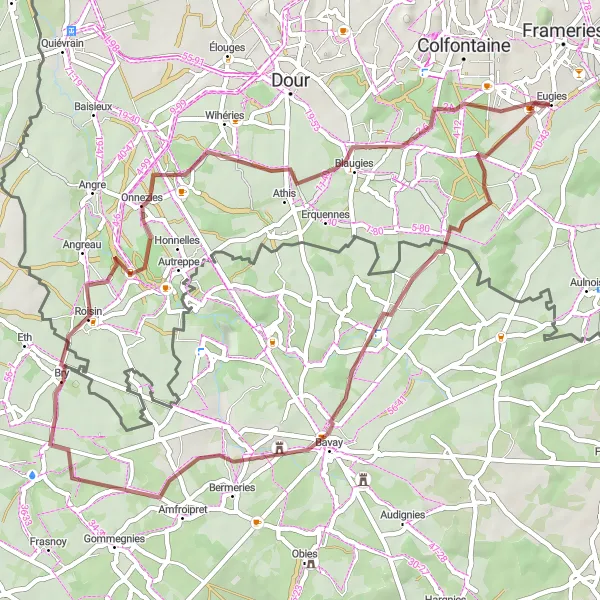 Miniature de la carte de l'inspiration cycliste "Parcours de VTT en boucle au départ d'Eugies" dans la Prov. Hainaut, Belgium. Générée par le planificateur d'itinéraire cycliste Tarmacs.app