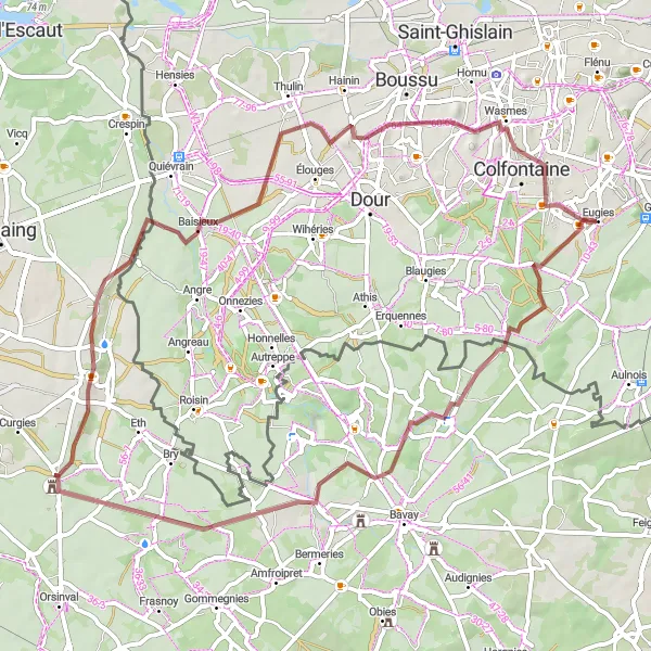 Map miniature of "Exploring Hainaut's Gravel Roads" cycling inspiration in Prov. Hainaut, Belgium. Generated by Tarmacs.app cycling route planner