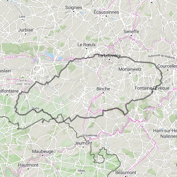 Karten-Miniaturansicht der Radinspiration "Faszinierende 97 km Rundfahrt von Eugies nach Sars-la-Bruyère" in Prov. Hainaut, Belgium. Erstellt vom Tarmacs.app-Routenplaner für Radtouren