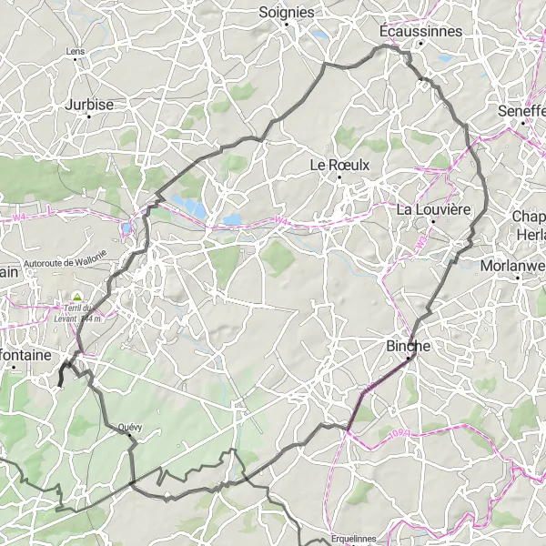 Karten-Miniaturansicht der Radinspiration "Abenteuerliche 87 km Tour ab Eugies nach Nimy" in Prov. Hainaut, Belgium. Erstellt vom Tarmacs.app-Routenplaner für Radtouren