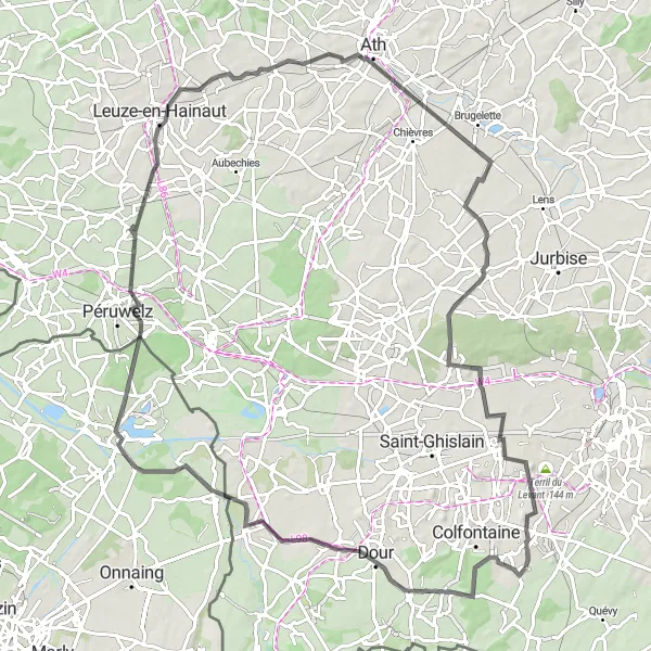 Map miniature of "Dour and Surroundings Road Cycling Route" cycling inspiration in Prov. Hainaut, Belgium. Generated by Tarmacs.app cycling route planner
