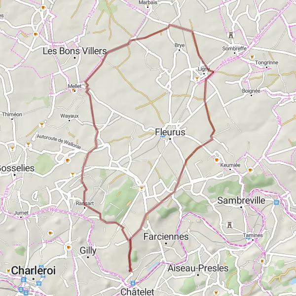 Miniature de la carte de l'inspiration cycliste "Boucle en gravel de 36 km dans les environs de Farciennes" dans la Prov. Hainaut, Belgium. Générée par le planificateur d'itinéraire cycliste Tarmacs.app