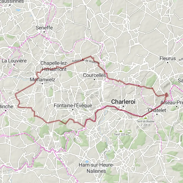 Map miniature of "Terril du Boubier 2 and Pironchamps Gravel Adventure" cycling inspiration in Prov. Hainaut, Belgium. Generated by Tarmacs.app cycling route planner