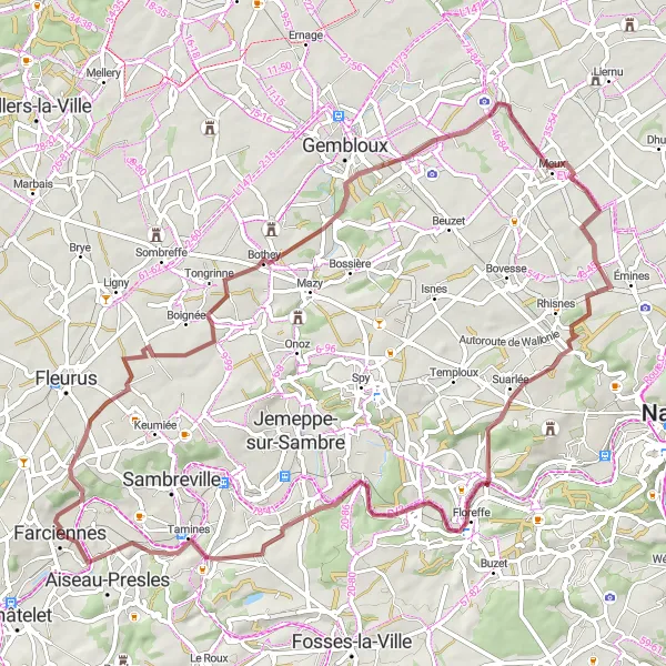 Map miniature of "Farciennes and Sart-Dames-Avelines Gravel Adventure" cycling inspiration in Prov. Hainaut, Belgium. Generated by Tarmacs.app cycling route planner