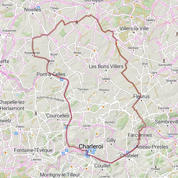 Map miniature of "Farciennes and Château de Houtain-le-Val Gravel Excursion" cycling inspiration in Prov. Hainaut, Belgium. Generated by Tarmacs.app cycling route planner