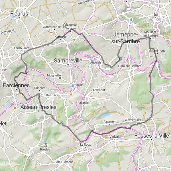 Map miniature of "Velaine-sur-Sambre and Moustier-sur-Sambre Road Ride" cycling inspiration in Prov. Hainaut, Belgium. Generated by Tarmacs.app cycling route planner