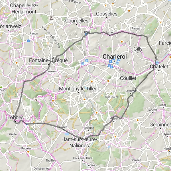 Map miniature of "Terril du Boubier 2 and Châtelineau Circuit" cycling inspiration in Prov. Hainaut, Belgium. Generated by Tarmacs.app cycling route planner