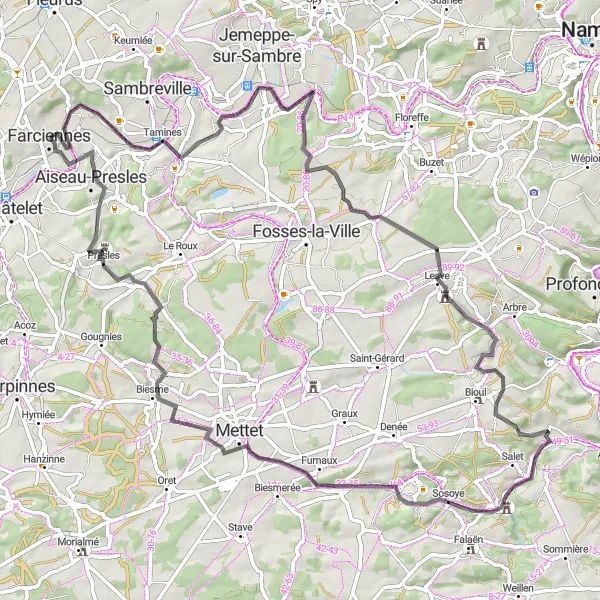 Miniatuurkaart van de fietsinspiratie "Korte fietsroute rond Farciennes" in Prov. Hainaut, Belgium. Gemaakt door de Tarmacs.app fietsrouteplanner