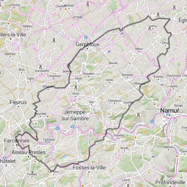 Miniatuurkaart van de fietsinspiratie "Rondrit van 89 km rond Farciennes" in Prov. Hainaut, Belgium. Gemaakt door de Tarmacs.app fietsrouteplanner