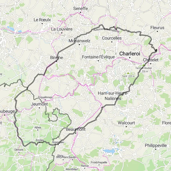 Map miniature of "Châtelineau to Le Vieux Campinaire Adventure" cycling inspiration in Prov. Hainaut, Belgium. Generated by Tarmacs.app cycling route planner