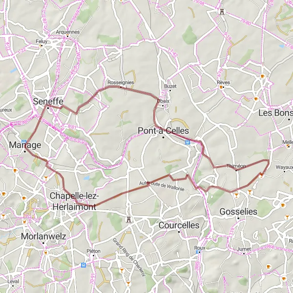 Miniature de la carte de l'inspiration cycliste "Aventure gravel depuis Manage" dans la Prov. Hainaut, Belgium. Générée par le planificateur d'itinéraire cycliste Tarmacs.app