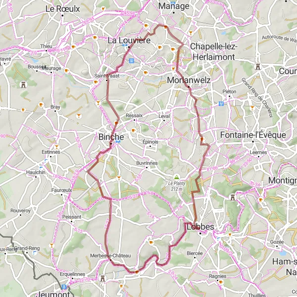 Miniature de la carte de l'inspiration cycliste "Boucle de Fayt-lez-Manage" dans la Prov. Hainaut, Belgium. Générée par le planificateur d'itinéraire cycliste Tarmacs.app