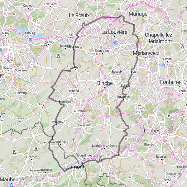 Map miniature of "Leval-Trahegnies Road Cycling Route" cycling inspiration in Prov. Hainaut, Belgium. Generated by Tarmacs.app cycling route planner