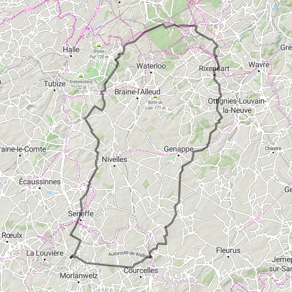 Map miniature of "Monstreux Road Cycling Challenge" cycling inspiration in Prov. Hainaut, Belgium. Generated by Tarmacs.app cycling route planner