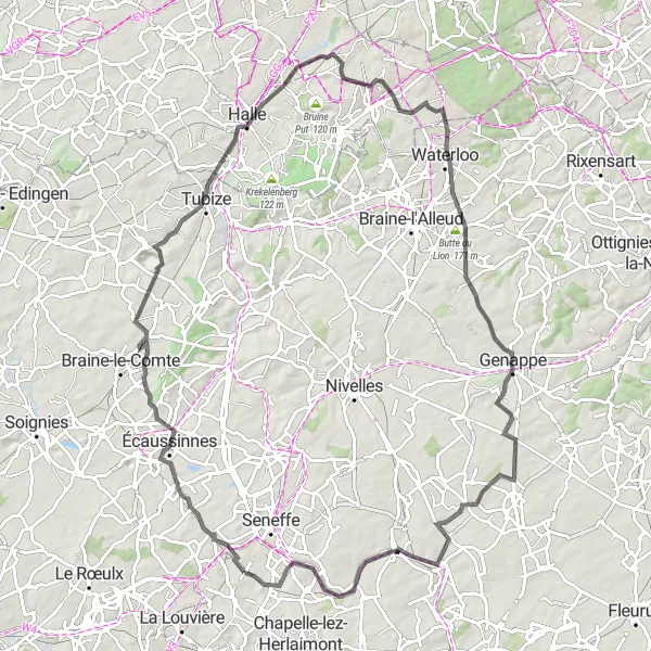 Map miniature of "The Road Adventure" cycling inspiration in Prov. Hainaut, Belgium. Generated by Tarmacs.app cycling route planner